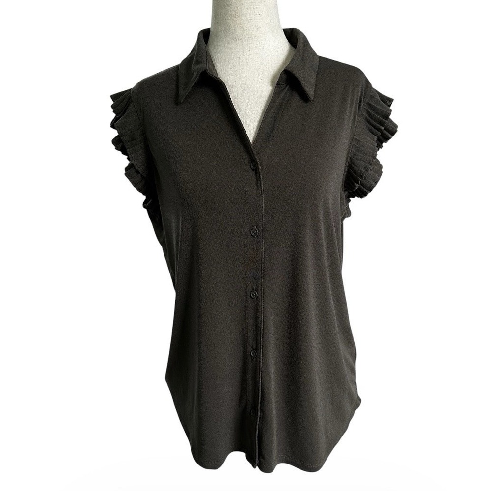 Adrianna Papell Women's Medium Pleated Sleeve Blouse Gray Collared Shirt | 58-1